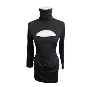 Mock Neck Bodycon Little Black Dress Classic Simple Midi Knee Length Keyhole Cut